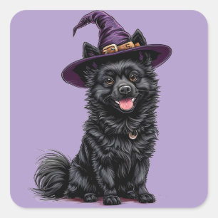 Sticker Carré Chien heureux portant un chapeau de sorcière