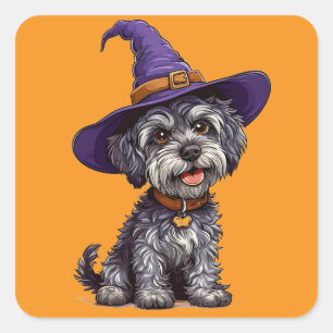 Sticker Carré Chien heureux portant un chapeau de sorcière