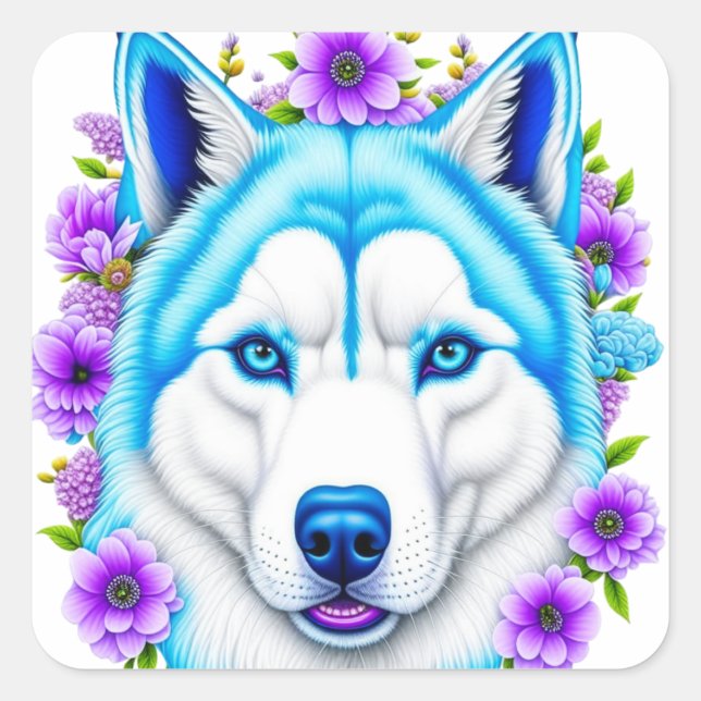 Sticker Carré Chien Husky avec yeux et fleurs bleus (Devant)