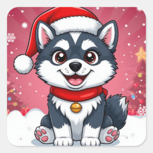 Sticker Carré Chien Husky Mignon Avec Chapeau De Père Noël Dans