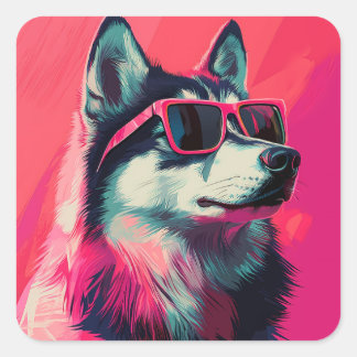 Sticker Carré Chien husky sibérien cool avec des lunettes de sol