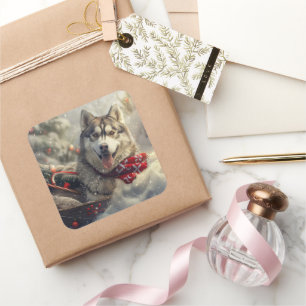 Sticker Carré Chien Husky Sibérien Noël Festif