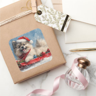 Sticker Carré Chien Keeshond en Luge 'Laissez Tomber la Neige' N