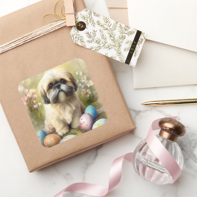 Sticker Carré Chien Lhasa Apso avec vacances d'oeufs de Pâques  (Cadeaux)