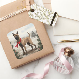 Sticker Carré Chien malinois belge à Noël de neige