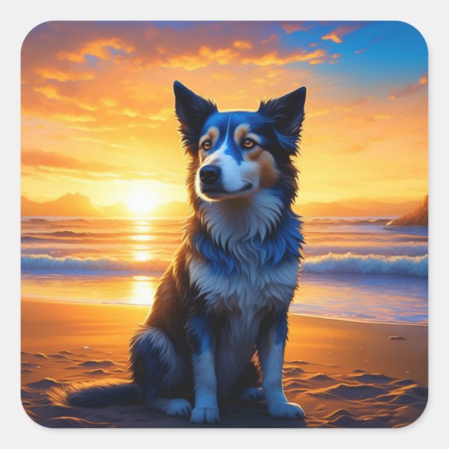 Sticker Carré Chien mignon au coucher du soleil Serene Ocean Bea (Devant)