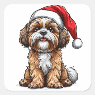 Sticker Carré Chien mignon avec un chapeau de Père Noël célébran