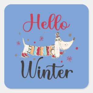Sticker Carré Chien mignon Bonjour hiver