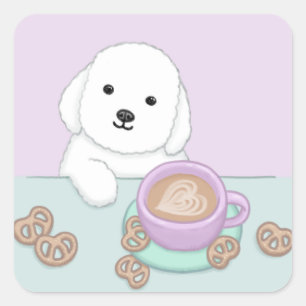 Sticker Carré Chien mignon, café et cookies Illustration Art