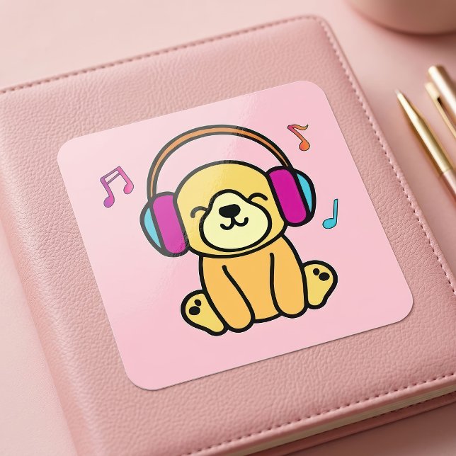 Sticker Carré Chien mignon chiot souriant avec casque coloré (Kawaii Dog Puppy Smiling with Colorful Headphones. Square Sticker)