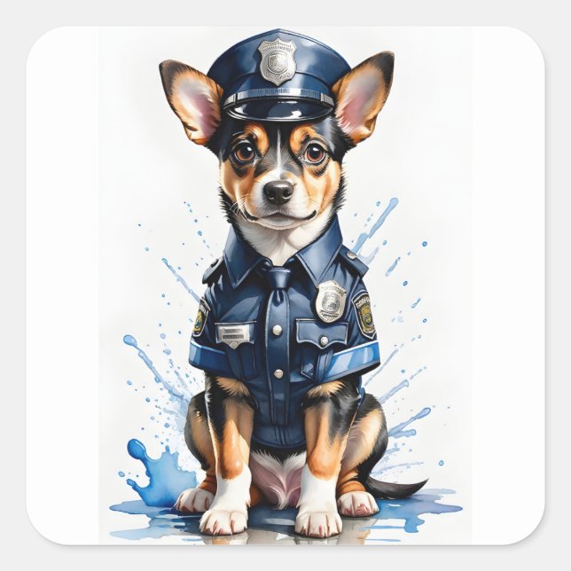 Sticker Carré Chien mignon de la police Aquarelle uniforme (Devant)