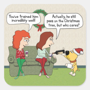 Sticker Carré Chien mignon et amusant servant du vin à Noël