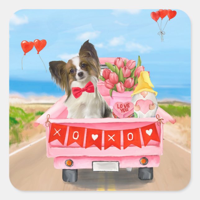 Sticker Carré Chien Papillon Camion de la Saint-Valentin Cœurs (Devant)