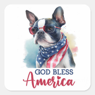 Sticker Carré Chien patriote - Boston Terrier