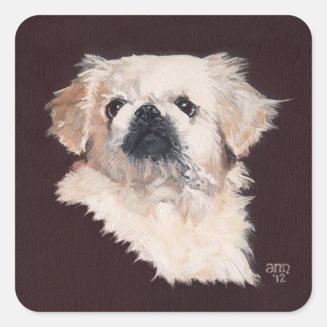 Sticker Carré Chien pekingese blanc (Devant)