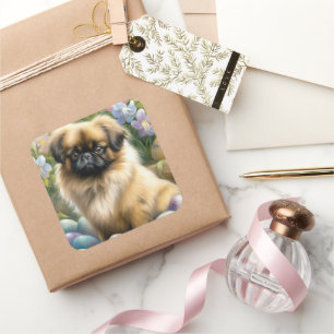 Sticker Carré Chien Pékinois avec Vacances d'Œufs de Pâques