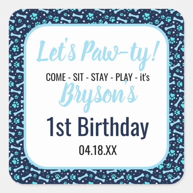 Sticker Carré Chien Personnalisé Anniversaire Bleu Empreinte de  (Devant)
