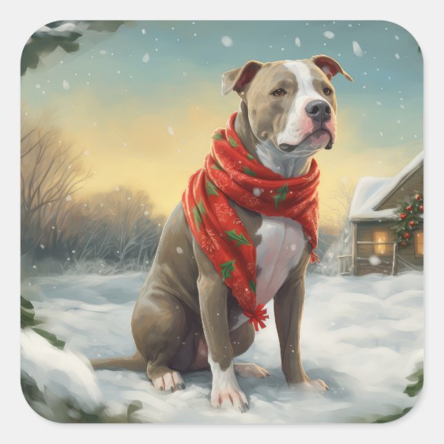 Sticker Carré Chien Pitbull dans la neige de Noël (Devant)