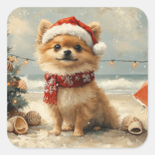 Sticker Carré Chien Poméranie Noël Vintage Plage
