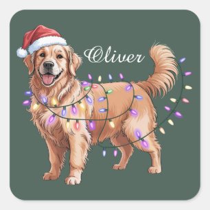 Sticker Carré Chien Retriever doré de Noël nom personnalisé 