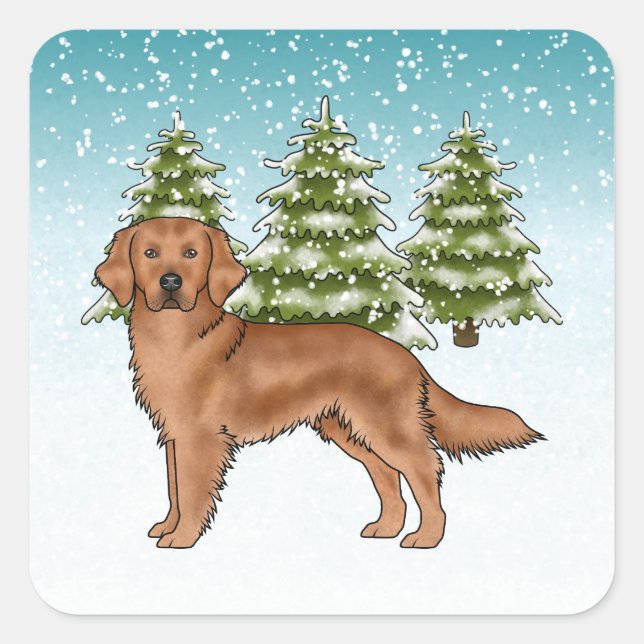 Sticker Carré Chien Retriever doré rouge Noël enneigé bleu (Devant)