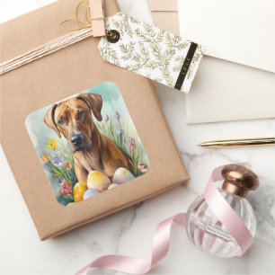 Sticker Carré Chien Rhodesian Ridgeback avec vacances de œufs de