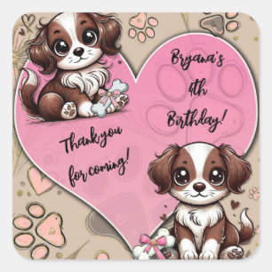 Sticker Carré Chien rose rose Brown et coeur fête d'anniversaire