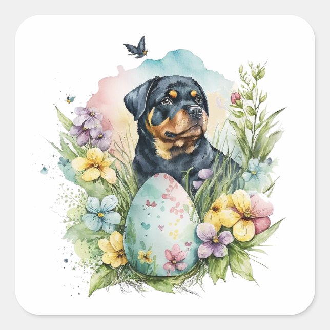Sticker Carré Chien Rottweiler Oeuf de Pâques, Joyeux Rottweiler (Devant)