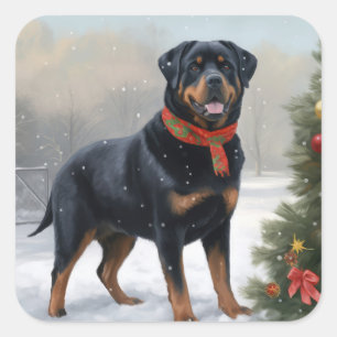 Sticker Carré Chien Rottweiler pendant Noël de neige