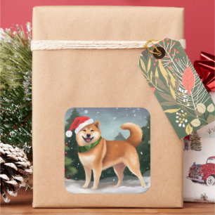 Sticker Carré Chien Shiba Inu dans la neige de Noël