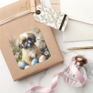 Sticker Carré Chien Shih Tzu avec Oeufs de Pâques Fête