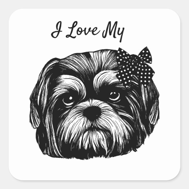 Sticker Carré Chien Shih Tzu chien avec pois de polka bow Art or (Devant)