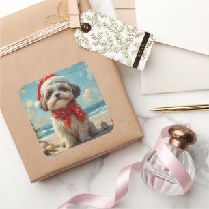 Sticker Carré Chien Shih Tzu Noël Vintage Plage