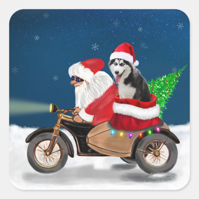 Sticker Carré Chien sibérien Husky Noël Père Noël (Devant)