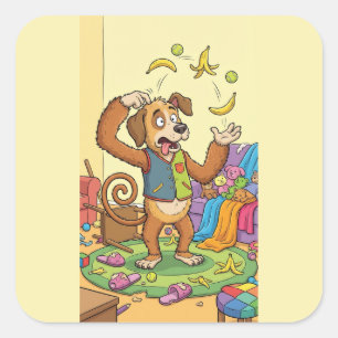 Sticker Carré Chien Singe Drôle – Jongler avec la Vie