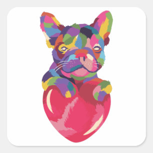 Sticker Carré Chien-taureau français au coeur rouge coloré
