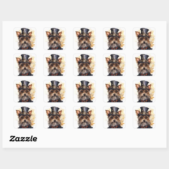 Sticker Carré Chien Terrier du Yorkshire Steampunk (Feuille)