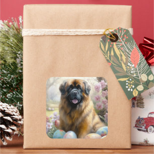 Sticker Carré Chien tibétain mastiff avec oeufs de Pâques vacanc