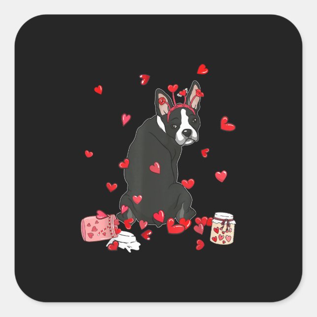 Sticker Carré Chien Valentine Cadeau mignonne Boston Terrier Val (Devant)