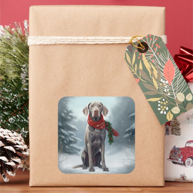 Sticker Carré Chien Weimaraner à Noël de neige (vacances)