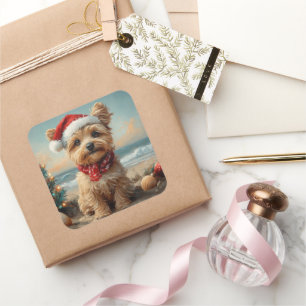 Sticker Carré Chien Yorkipoo Noël Vintage Plage