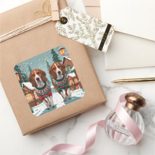 Sticker Carré Chiens American Foxhound Noël Neige Fêtes