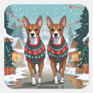 Sticker Carré Chiens Basenji Noël Neige Vacances