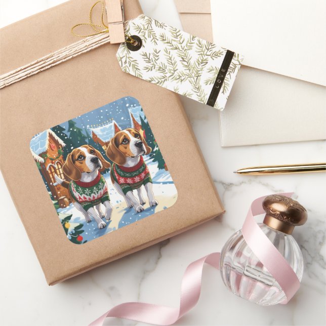 Sticker Carré Chiens Beagle Noël Neige Fêtes (Cadeaux)
