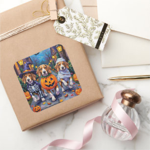 Sticker Carré Chiens beagles en costume d'Halloween