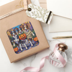 Sticker Carré Chiens Border Collie faisant Trick-or-Treating à H