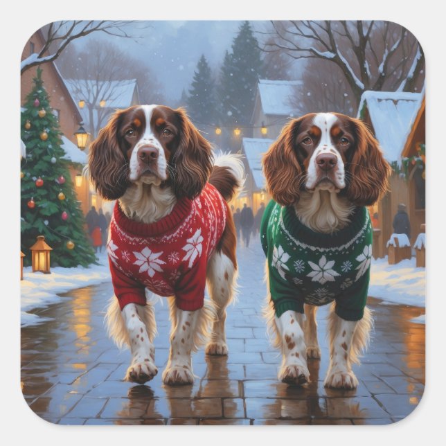 Sticker Carré Chiens Brittany Spaniel Noël Neige Fêtes (Devant)