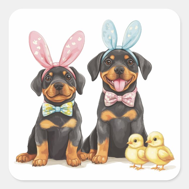 Sticker Carré Chiens Bunny Oreilles de Pâques Rottweiler (Devant)