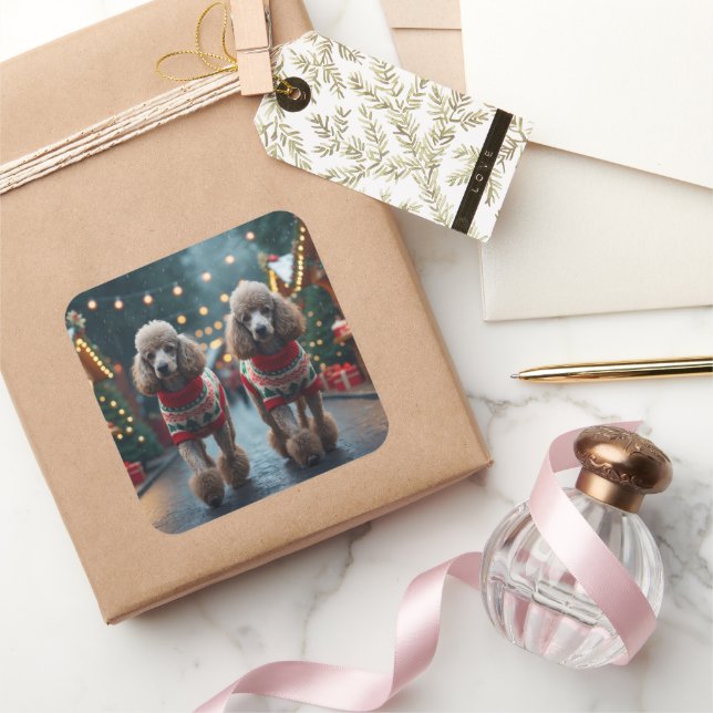 Sticker Carré Chiens Caniches Noël Neige Fêtes (Cadeaux)