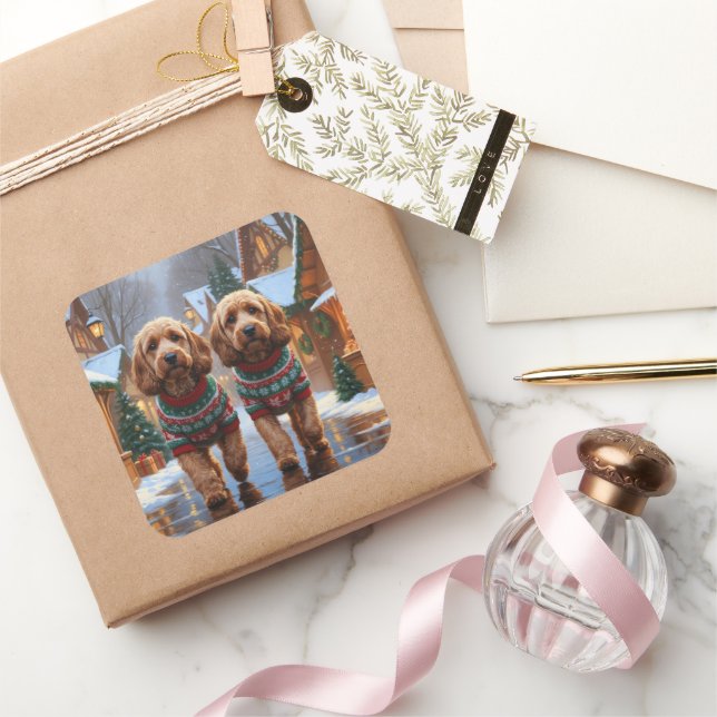 Sticker Carré Chiens Cockapoo Noël Neige Fêtes  (Cadeaux)